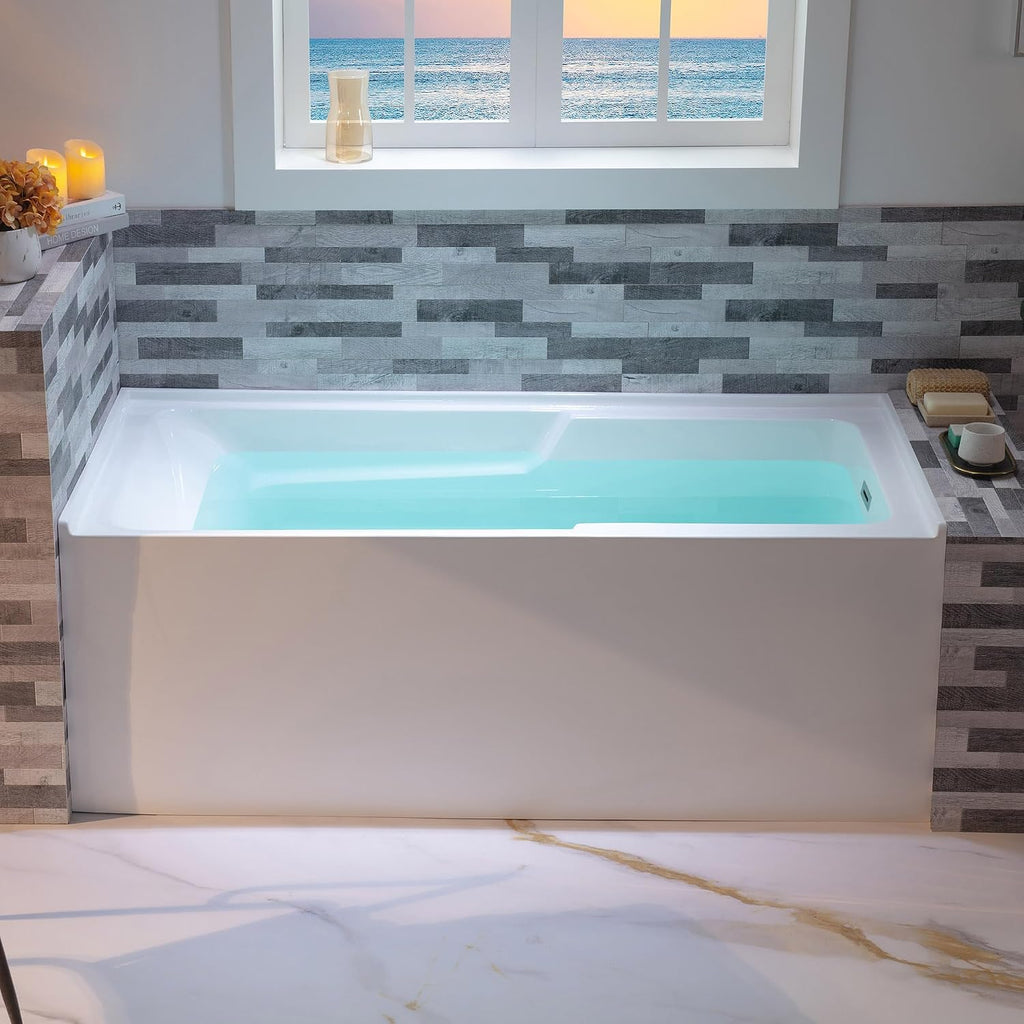 WOODBRIDGE 60" Acrylic Rectangular Alcove Soaking Bathtub in White with Right Drain, Brushed Nickel Pop-Up Drain Included BA6030R