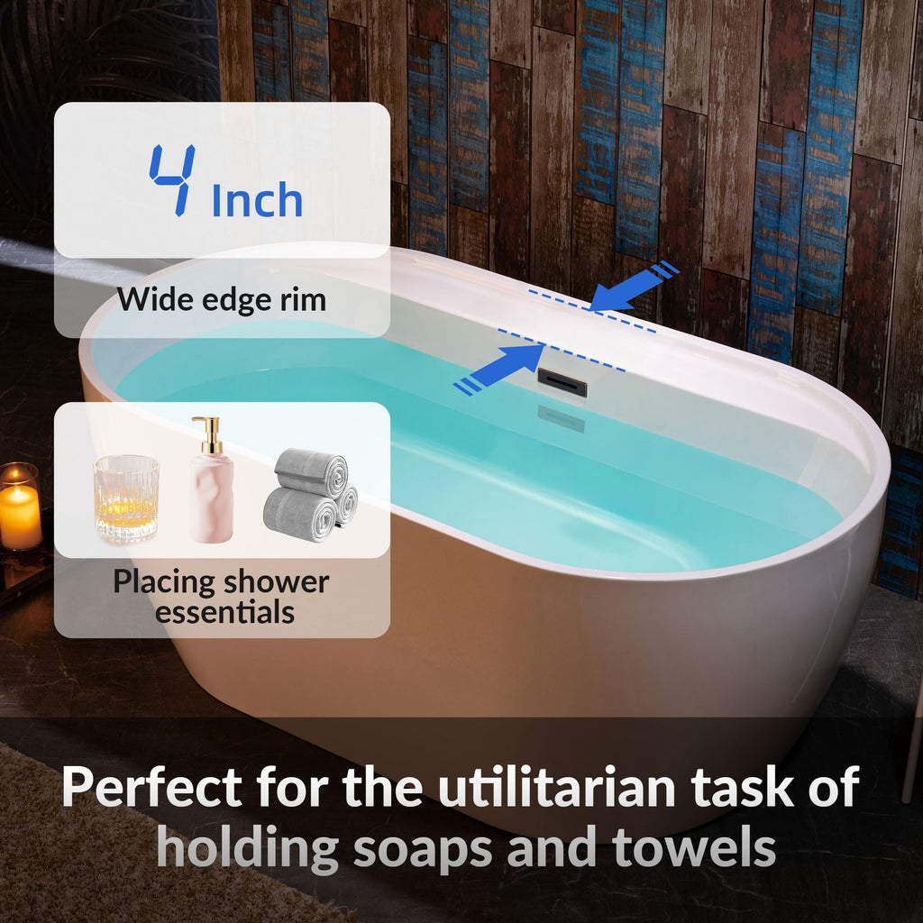 WOODBRIDGE 72" Acrylic Freestanding Bathtub Contemporary Soaking White Tub with Brushed Nickel Overflow and Drain,B0059BN