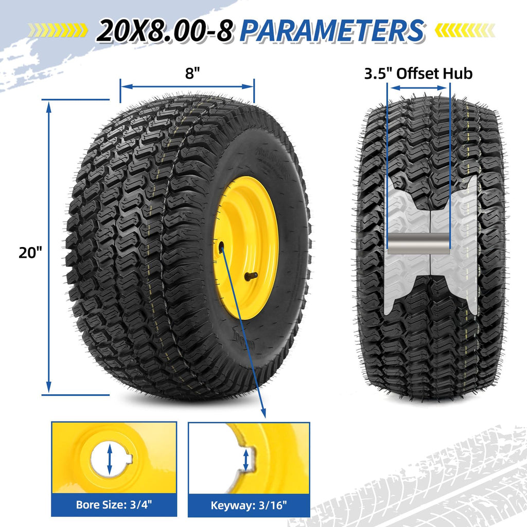 GICOOL 20x10.00-8 Lawn Mower Tire and Wheel, 3/4" Borehole, and 3/16" Keyway, 3.5" Offset Hub, 4 Ply Tubeless Tire, Replacement 20x10-8nhs Riding Lawn Mower and Tractor Rear Tire and Wheel Assemblies