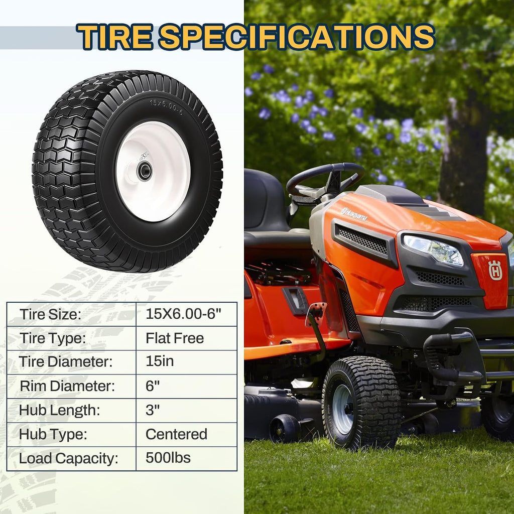 15x6.00-6 Flat Free Lawn Mower Tire and Wheel, 15x6-6 Front Tire Assembly