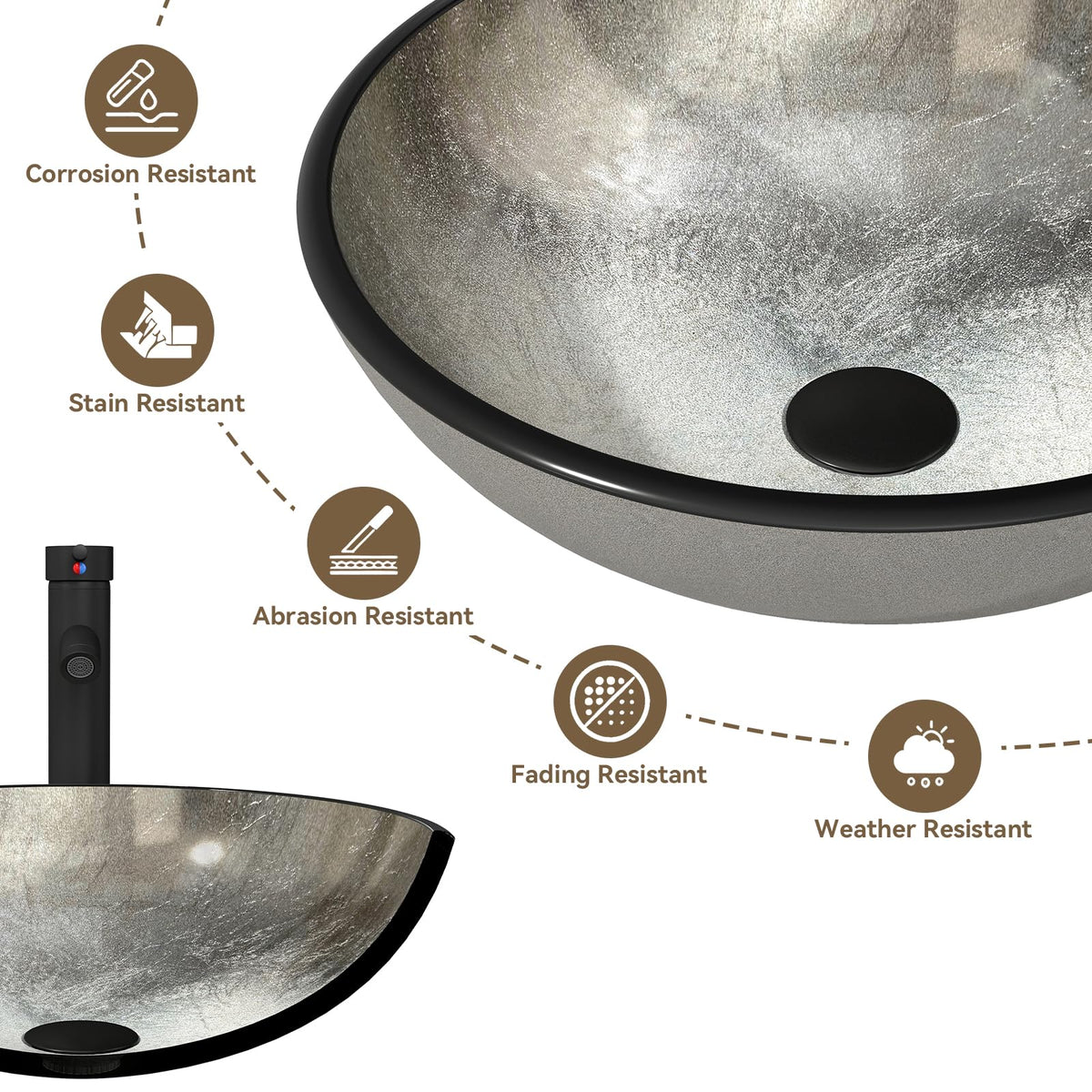 YOURLITE Bathroom Artistic Vessel Sink, Tempered Glass Countertop Bowl Sink