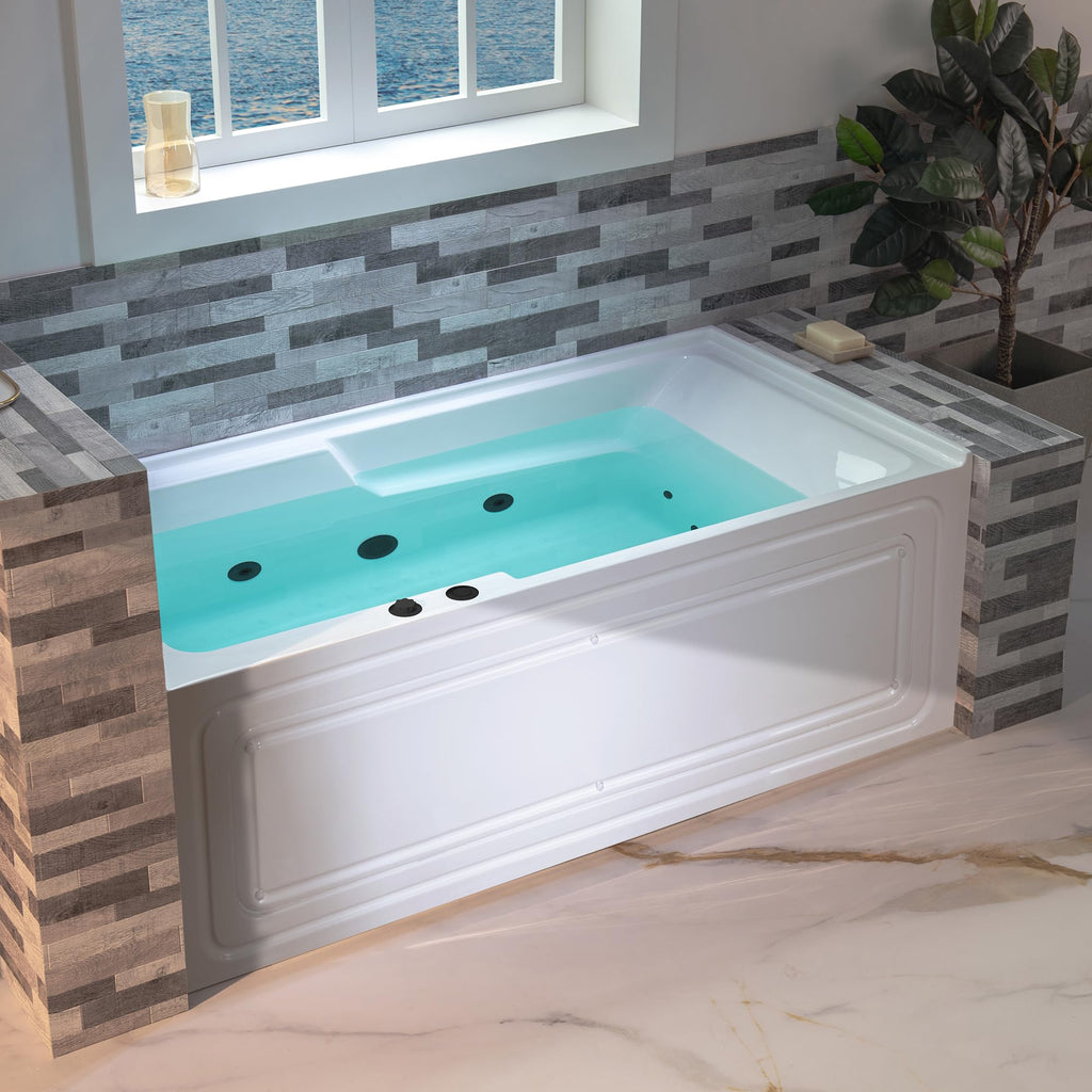 WOODBRIDGE 60" Alcove Acrylic Rectangular Whirlpool Heated Jetted Tub in White with Left Drain, Chrome pop-up Drain Included BS6030L