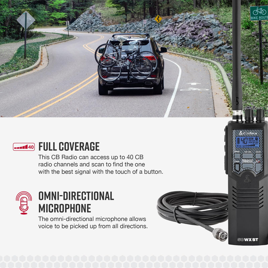 Cobra HHRT50 Road Trip CB Radio - 2-Way Handheld Emergency Radio with Access to Full 40 Channels & NOAA Alerts, Rooftop Magnet Mount Antenna and Omni-Directional Microphone, Black, 6.3" x 2" x 1.75"