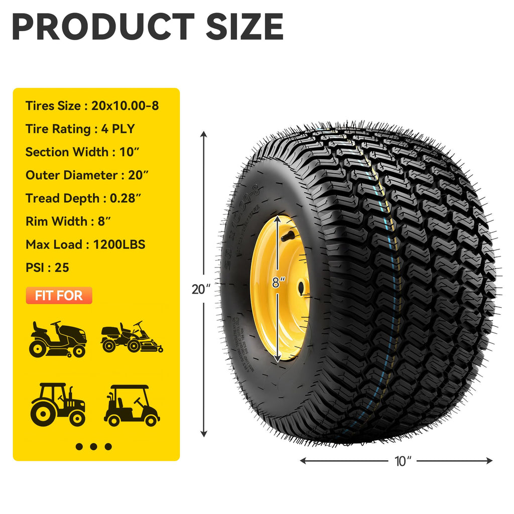 YITAMOTOR 20x8.00-8 Tubeless Lawn Mower Tire & Wheel Assemblies