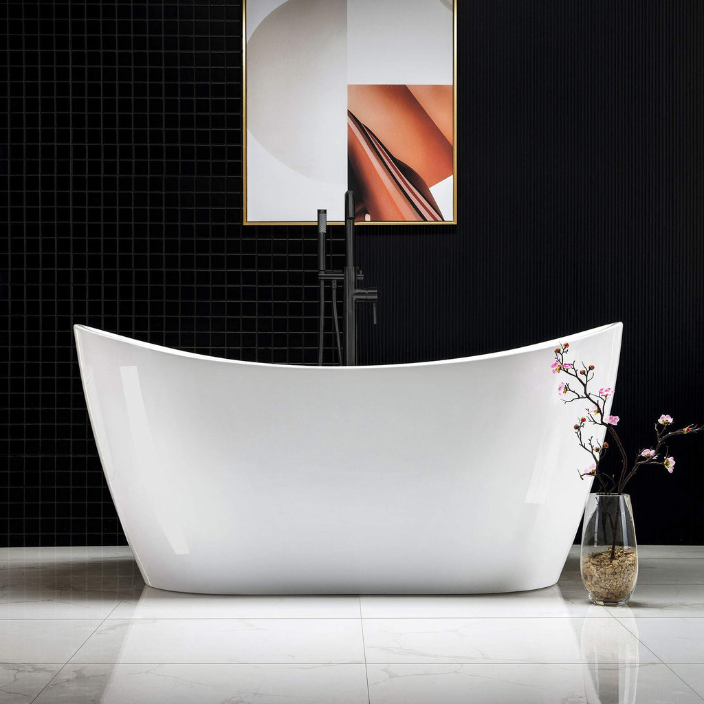 WOODBRIDGE 67" Acrylic Freestanding Bathtub Contemporary Soaking White Tub with Brushed Gold Overflow and Drain,B0010-BG