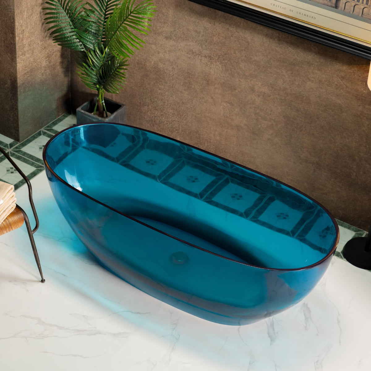 WOODBRIDGE 59" Stone Resin Freestanding Soaking Tub, Modern Oval Solid Surface Bathtub with Integrated Slotted Overflow & Drain, Matte White, B0055