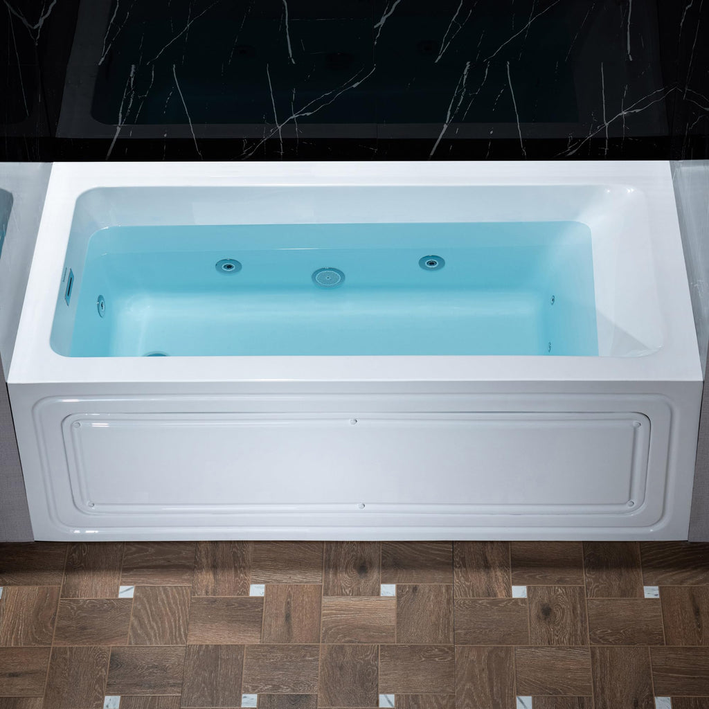 WOODBRIDGE 60" x 32" Alcove Acrylic Rectangular Whirlpool Heated Jetted Tub in White with Left Drain, Matte Black Finish, BS429-L-MB02