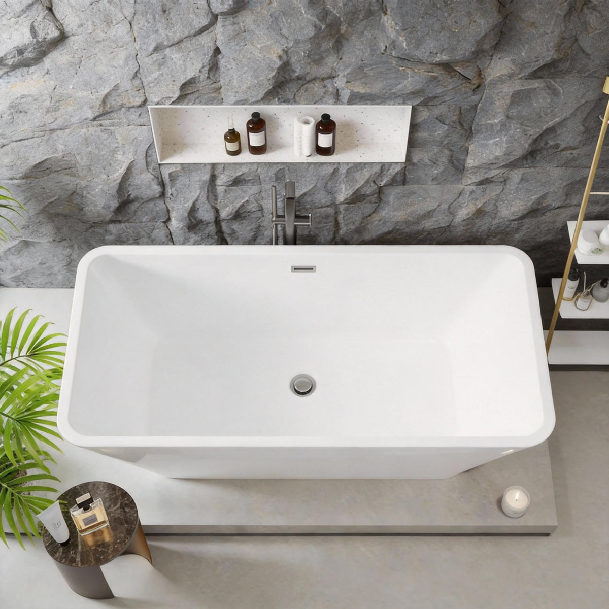 59" Acrylic Freestanding Soaking Bathtub, Deep Ergonomic Design with Lumbar Support, Integrated Overflow Drain, Non-Slip Base,cUPC Certified Modern Bathroom Tub, Easy Installation for Bathroom