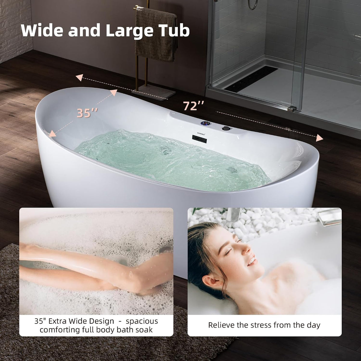 WOODBRIDGE 72"Ã35-3/8" Double Slipper Whirlpool&Air, Heated Soaking Bathtub