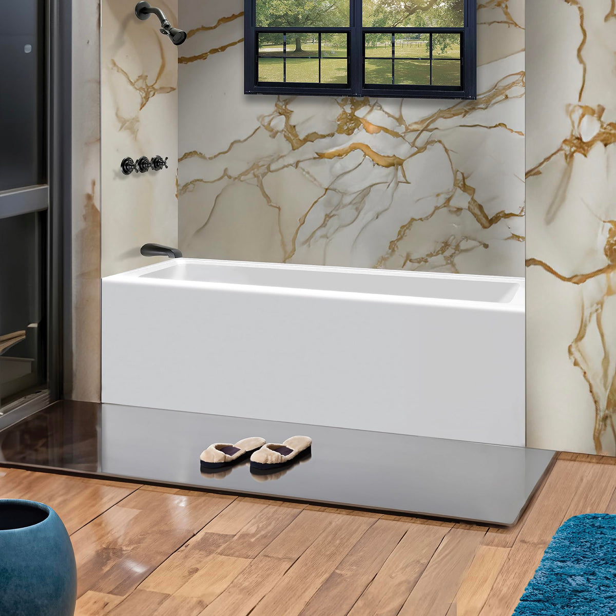 Fine Fixtures Acrylic, Fiberglass Alcove Soaking Bathtub with Integral Apron Front in Glossy White - Right Hand Drain, 72" x 32"
