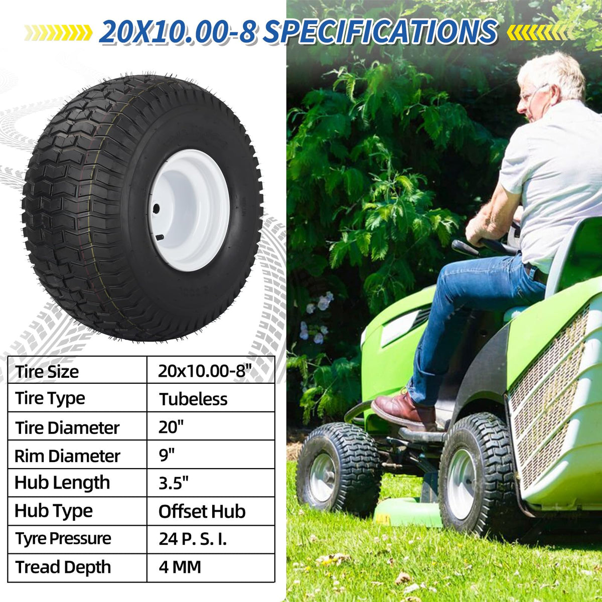 GICOOL 20x8.00-8 Lawn Mower Tire and Wheel, 4 Ply Tubeless Tire, 20x8-8nhs Riding Lawn Mower and Tractor Rear Tire and Wheel Assemblies, 3.5" Offset Hub, 3/4" Borehole, and 3/16" Keyway