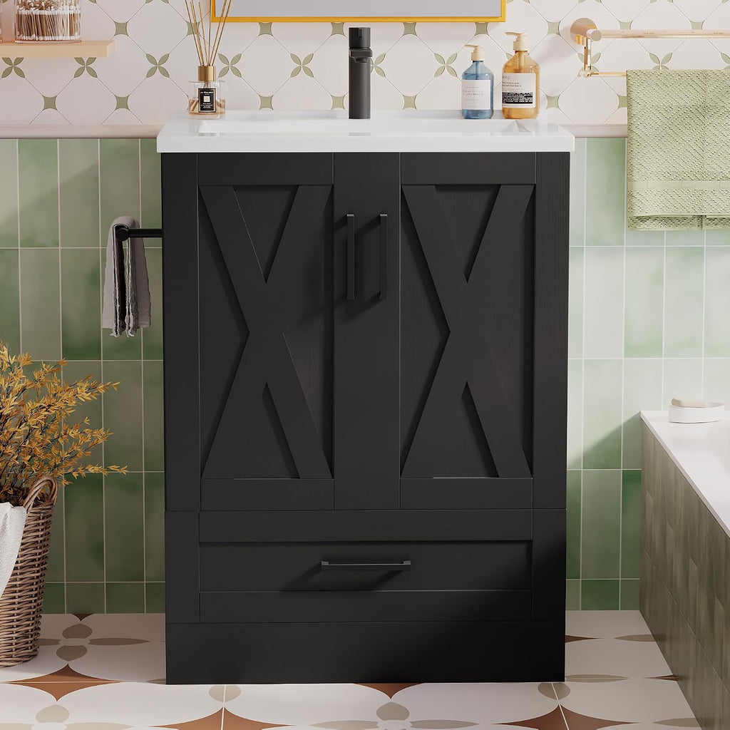 JUMMICO 24" Bathroom Vanity with Sink, Bathroom Storage Cabinet, Black