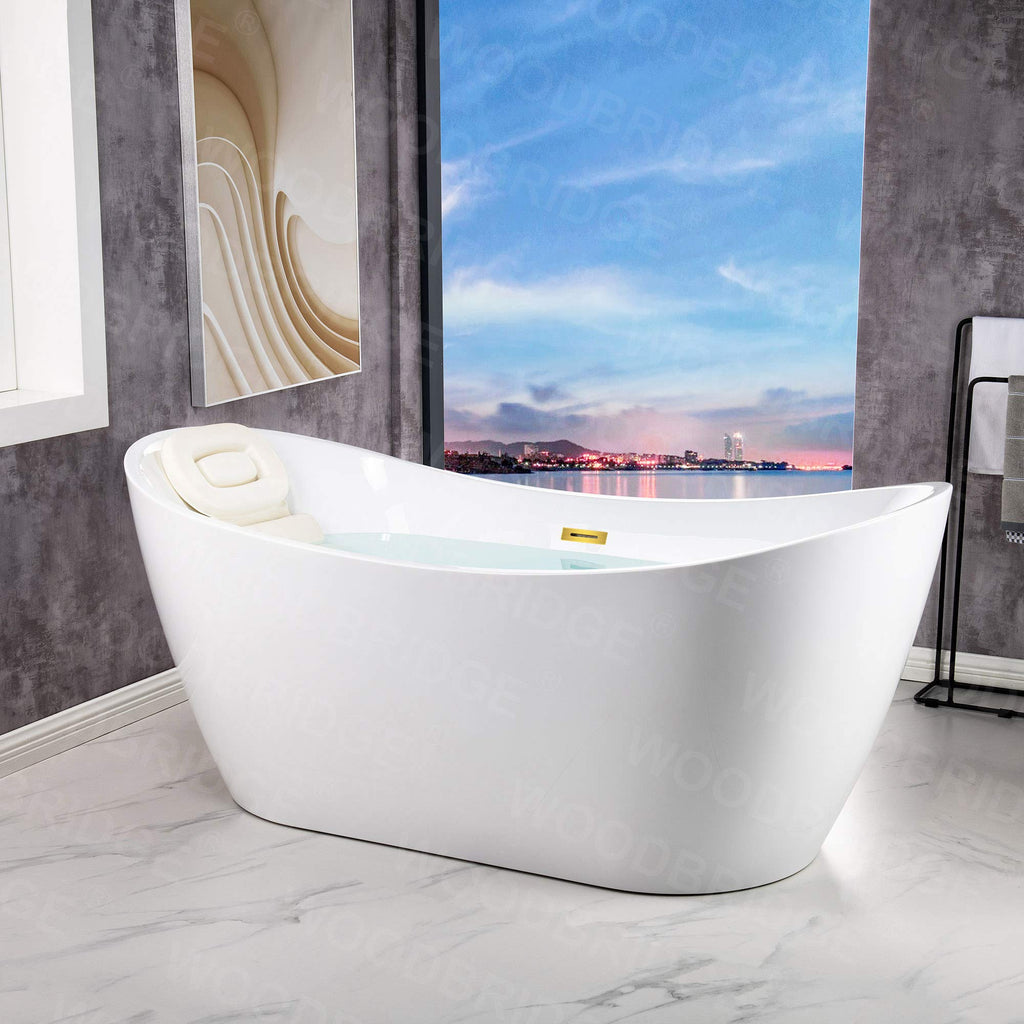 WOODBRIDGE 67" Acrylic Freestanding Bathtub Contemporary Soaking White Tub with Matte Black Overflow and Drain,B0010-MB-Drain &O