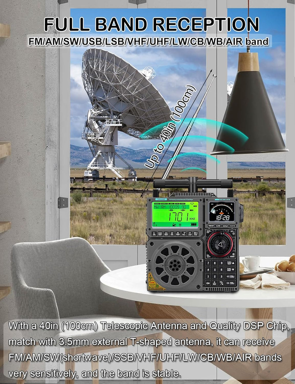 ZHIWHIS Shortwave Radio with SSB and Extra Antenna, AM FM CB LW AIR VHF UHF SW WB SSB Receiver, NOAA Weather/Antenna Tuner/APP Control/Bluetooth/20W Speaker/1600 Presets/Rechargeable Radios ZWS-C919