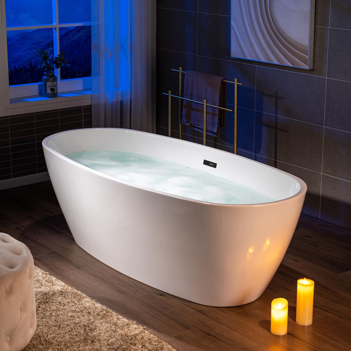 WOODBRIDGE 59"Freestanding White Acylic Soaking Bathtub with Brushed Nickel Drain and Overflow,BTA1518 -B/N-Drain &O