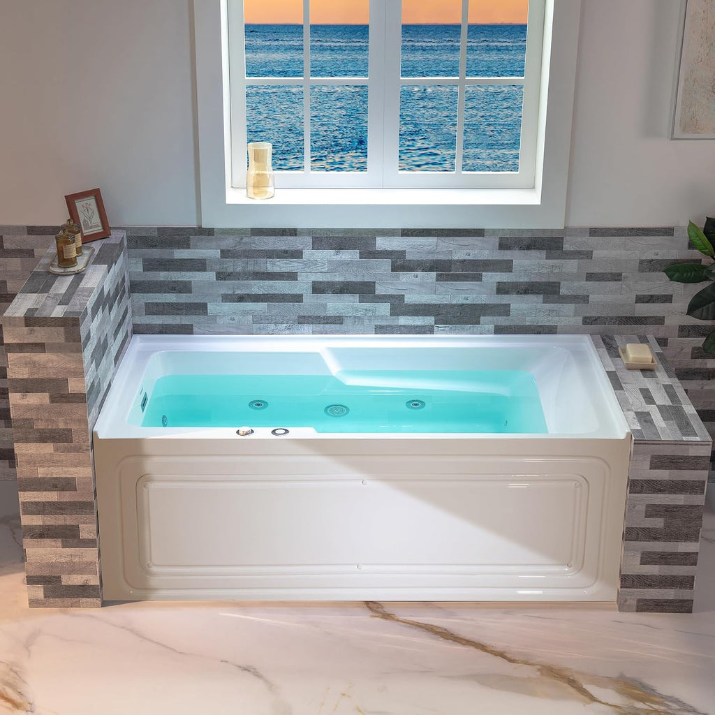 WOODBRIDGE 60" Alcove Acrylic Rectangular Whirlpool Heated Jetted Tub in White with Left Drain, Chrome pop-up Drain Included BS6030L