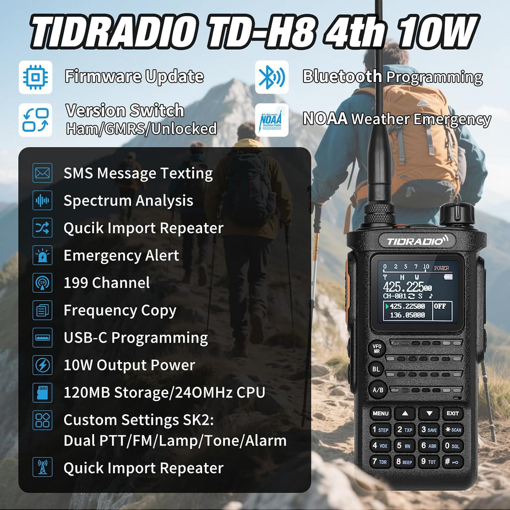 (4th Gen) TIDRADIO 10W TD-H8 Ham Radio Handheld,SMS Message Text,Spectrum Analysis,APP/Web Programming,Multi-Band Long Range Walkie Talkies, Firmware Updatable,AI Noise Reduction,AM/NOAA/FM