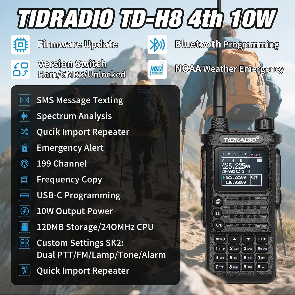 (4th Gen) TIDRADIO 10W TD-H8 Ham Radio Handheld,SMS Message Text,Spectrum Analysis,APP/Web Programming,Multi-Band Long Range Walkie Talkies, Firmware Updatable,AI Noise Reduction,AM/NOAA/FM