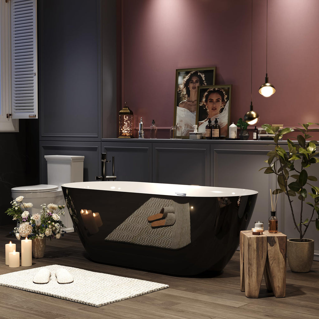 59" Acrylic Freestanding Bathtub, Modern Soaking Tub with Matte Drain and Overflow, Ergonomic Deep Design, Double-Walled Insulation, CUPC Certified, Easy Clean, Slip-Resistant, Gloss White