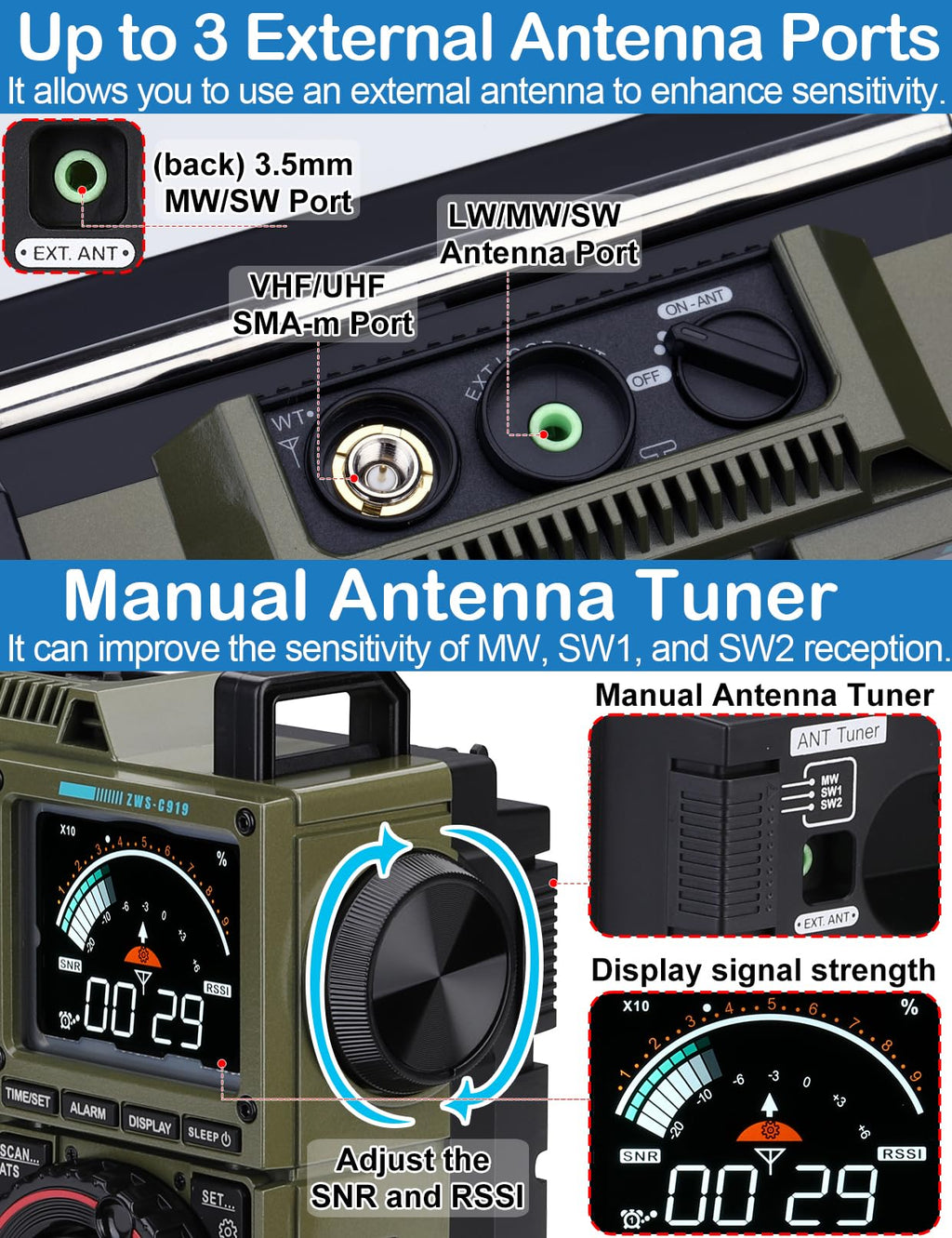ZHIWHIS Shortwave Radio with SSB and Extra Antenna, AM FM CB LW AIR VHF UHF SW WB SSB Receiver, NOAA Weather/Antenna Tuner/APP Control/Bluetooth/20W Speaker/1600 Presets/Rechargeable Radios ZWS-C919