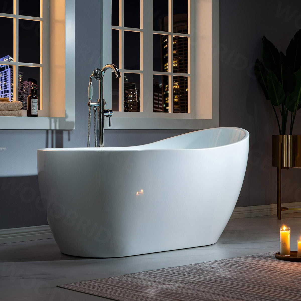 WOODBRIDGE 59" Acrylic Freestanding Bathtub Contemporary Soaking White Tub with Brushed Nickel Overflow and Drainï¼B-1530 -B/N-Drain &O