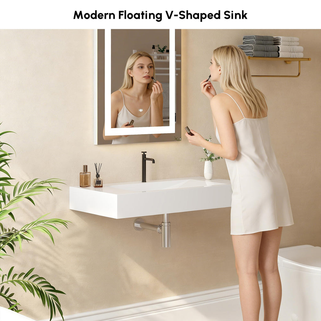 47'' Bathroom Vessel Sink Double-Bowl Bathroom Sink Wall Mounted Trough Floating Sink in Matte White
