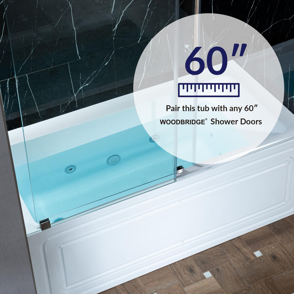 WOODBRIDGE 60" x 32" Alcove Acrylic Rectangular Whirlpool Heated Jetted Tub in White with Left Drain, Matte Black Finish, BS429-L-MB02