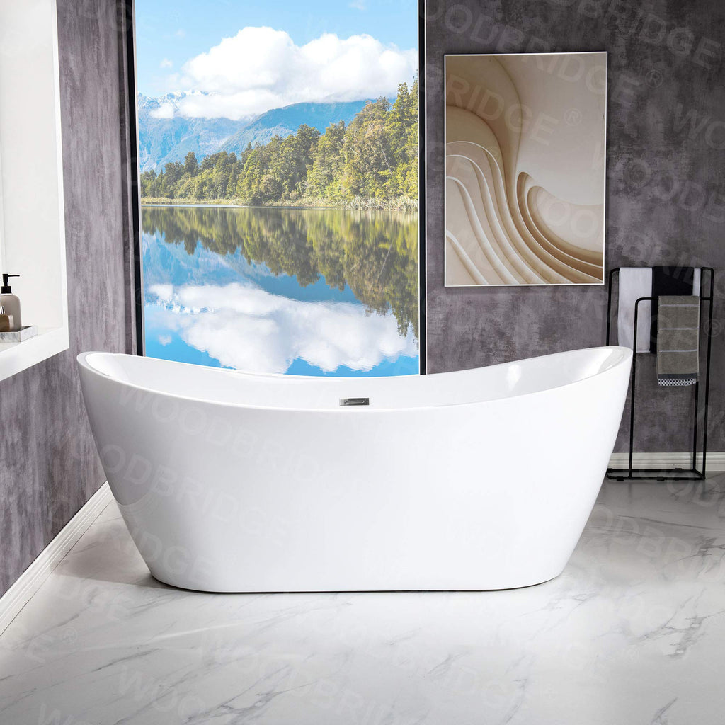 WOODBRIDGE 71" Acrylic Freestanding Bathtub Contemporary Soaking White Tub with Brushed Gold Overflow and Drain,B0017-BG