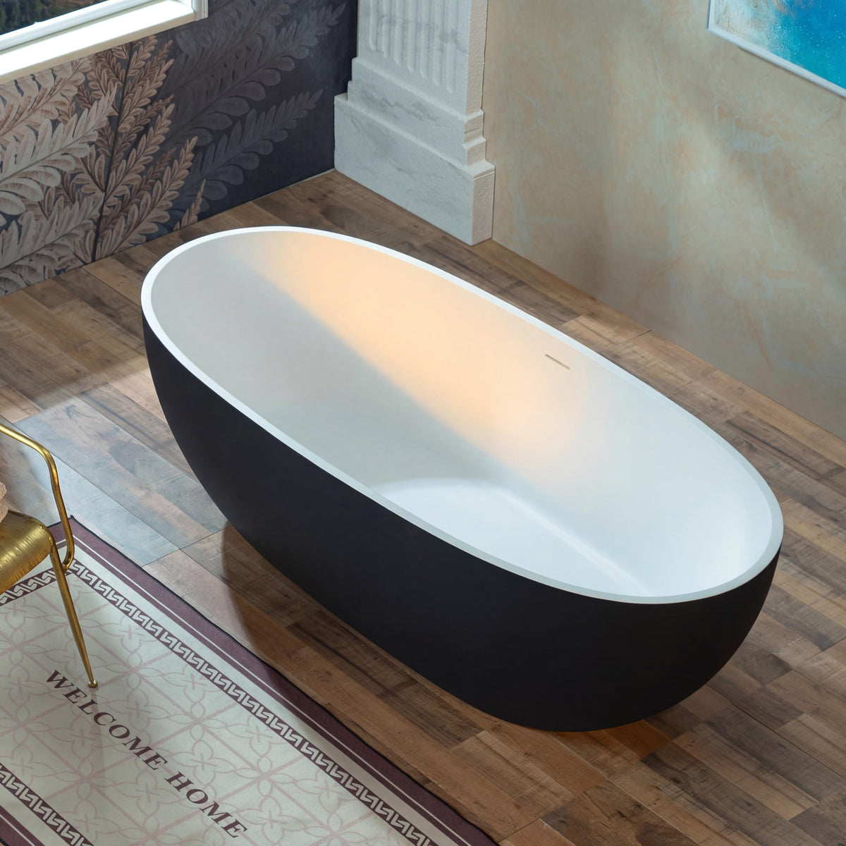 WOODBRIDGE 61" Stone Resin Freestanding Soaking Tub, Modern Oval Solid Surface Bathtub with Integrated Slotted Overflow & Drain, Matte White