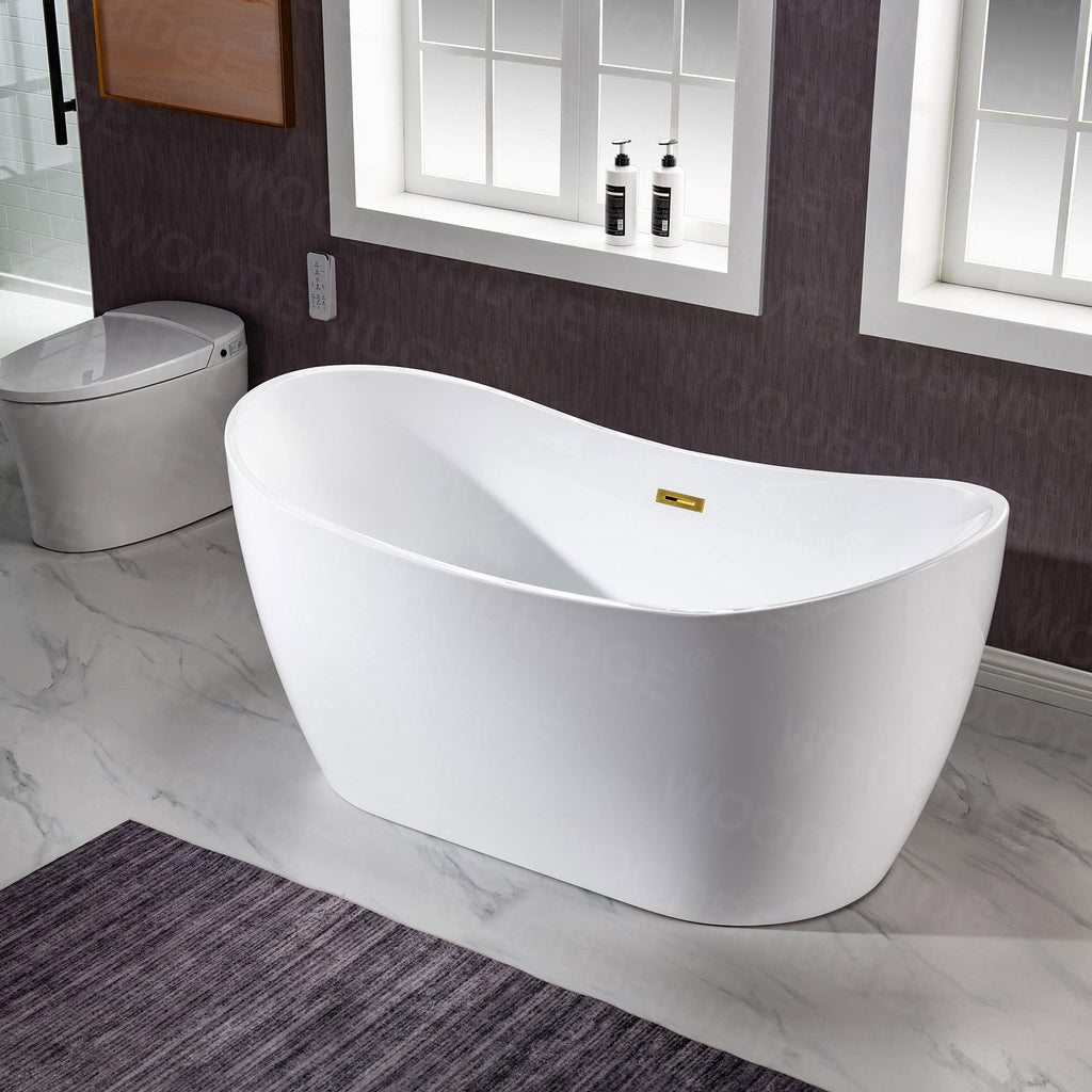 WOODBRIDGE 71" Acrylic Freestanding Bathtub Contemporary Soaking White Tub with Brushed Gold Overflow and Drain,B0017-BG