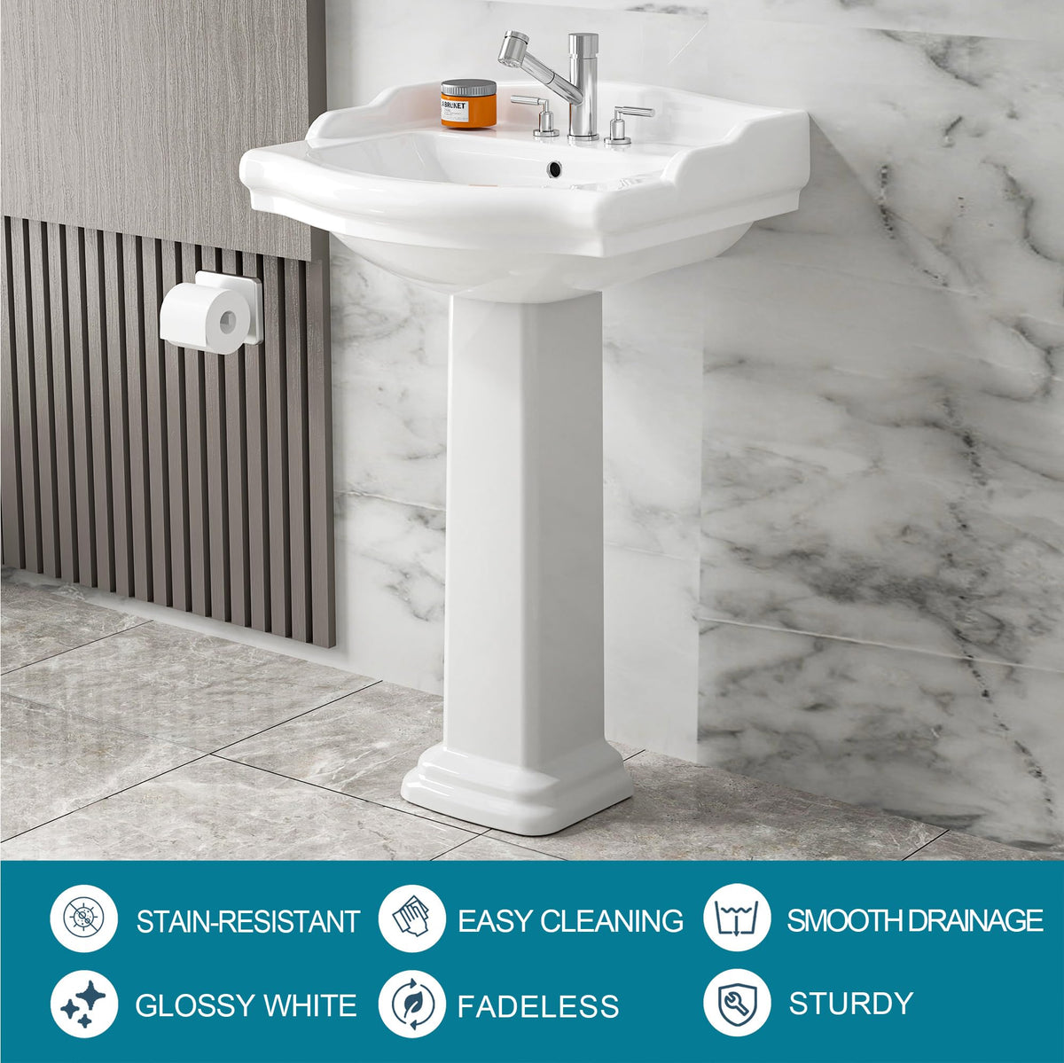 23"x19" Porcelain Retro Bathroom Pedestal Sink White 3 Hole