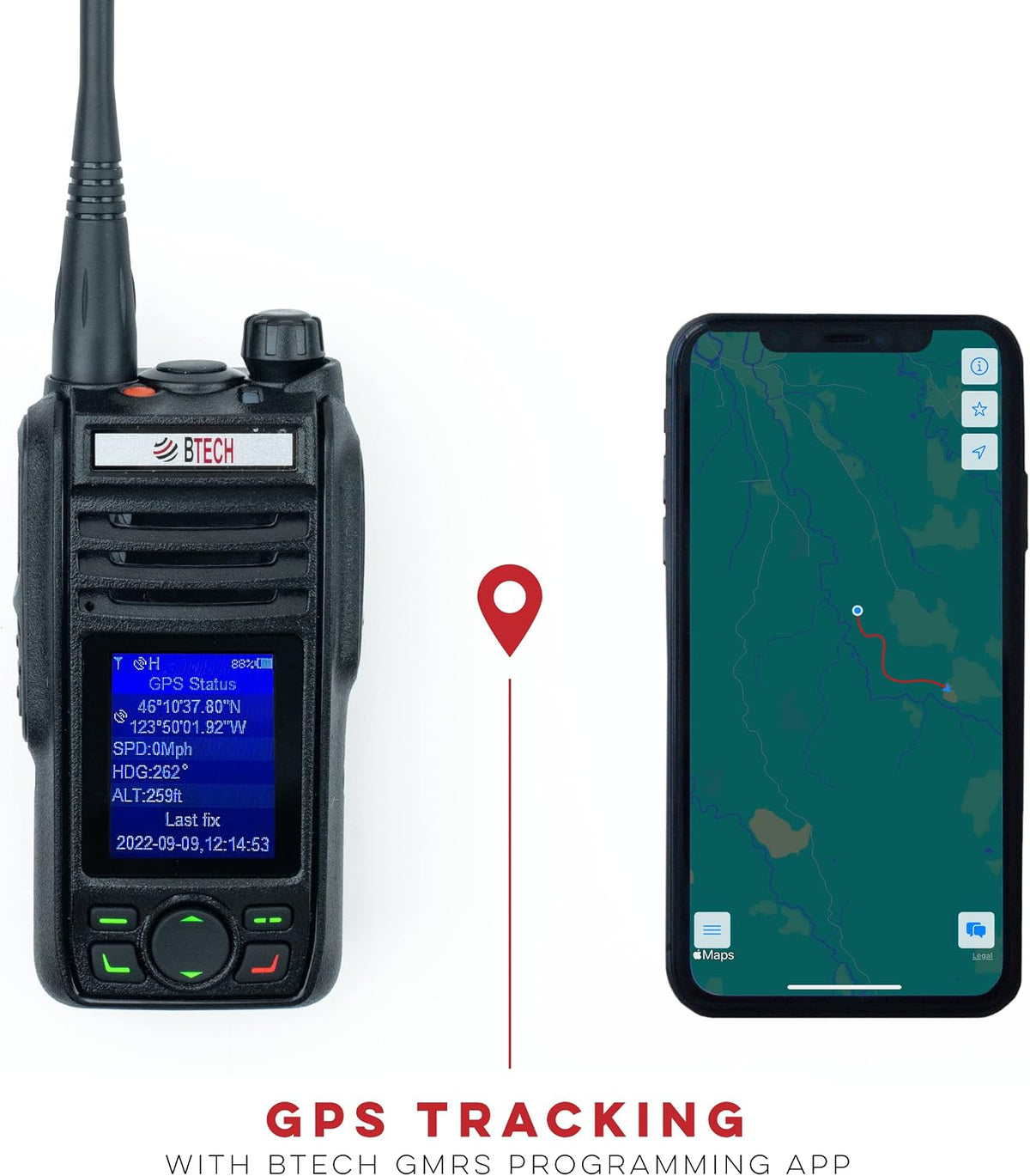 BTECH GMRS-PRO 5W Long-Range GMRS Radio â IP67 Waterproof, Bluetooth VOX, GPS, Texting, NOAA, Compass, Dual-Band Scanner, Off-Grid Location Sharing, Two-Way Walkie Talkie
