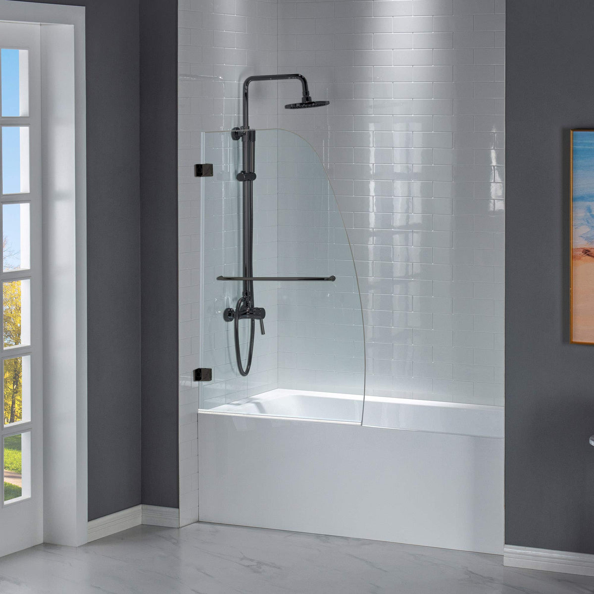 Woodbridge Frameless Hinged Bathtub Shower, 5/16" Tempered Panel, 48" W x 58" H Tub Glass Door in Matte Black Finish, Include Support Bar
