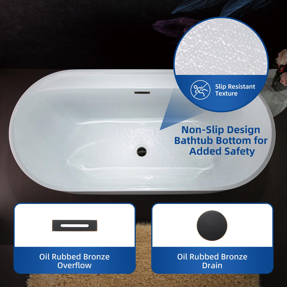 WOODBRIDGE 72" Acrylic Freestanding Bathtub Contemporary Soaking White Tub with Brushed Nickel Overflow and Drain,B0059BN
