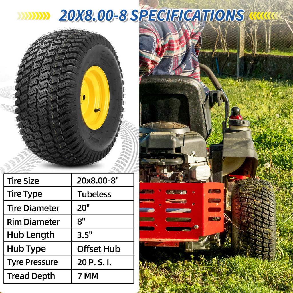 GICOOL 20x10.00-8 Lawn Mower Tire and Wheel, 3/4" Borehole, and 3/16" Keyway, 3.5" Offset Hub, 4 Ply Tubeless Tire, Replacement 20x10-8nhs Riding Lawn Mower and Tractor Rear Tire and Wheel Assemblies