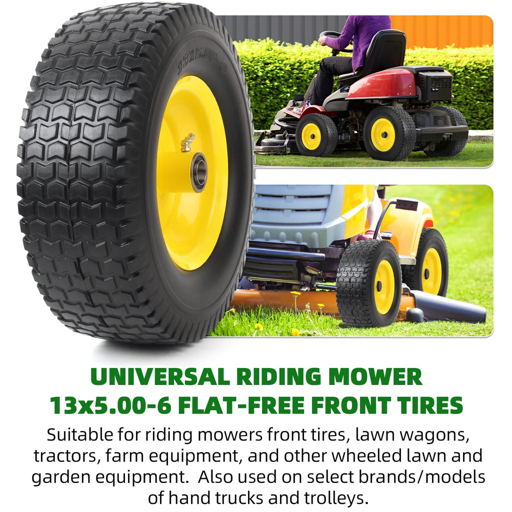 AR-PRO (2-Pack) 16x6.50-8 Flat-Free Tire and Wheel Assemblies, Relacement 16x6.5-8 Solid Turf Tire with Rim for Garden Tractor Riding Lawn Mowers, 3" Offset Hub and 3/4" Bushings