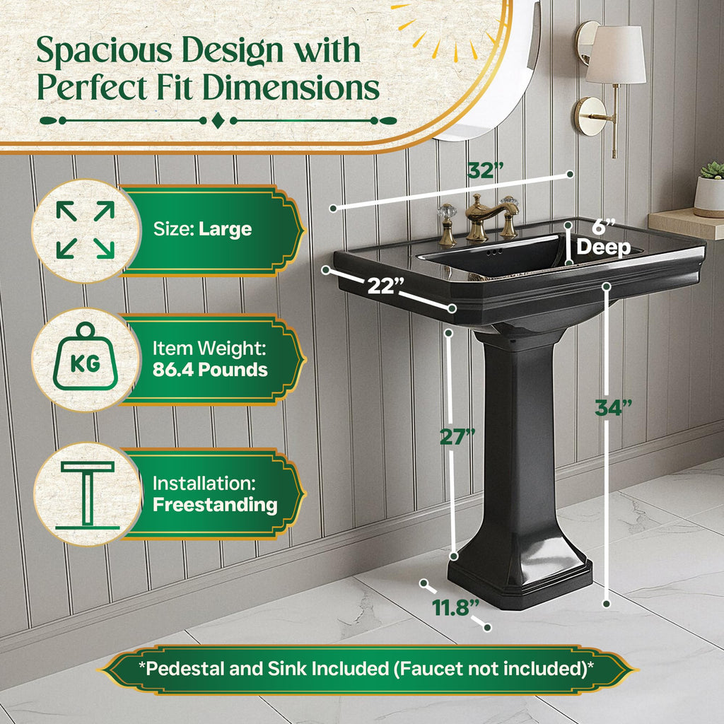 Renovators Supply Manufacturing Ondine Space Saving 16" W x 33" H x 14.5" Proj. Small Bathroom Pedestal Sink, Vitreous China, with Overflow, Compatible with 4 in. Centerset Faucets