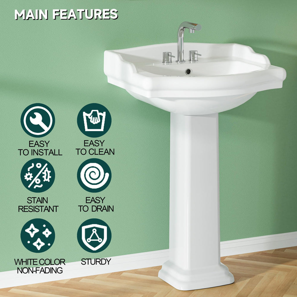 Miuara Freestanding 23 x19 Inch White Pedestal Sink 3 Hole for Bathroom