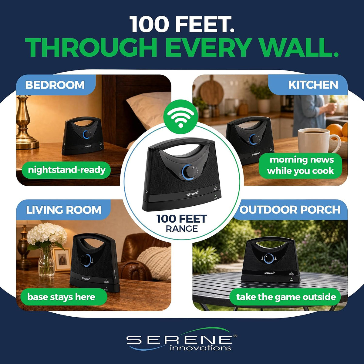 SEREONIC Portable Wireless TV Speakers for Smart TV - Ideal for TV Watching Without The Blaring Volume - Wireless Speakers for TV Designed for Hard of Hearing, Elderly, and Seniors - 100ft Range
