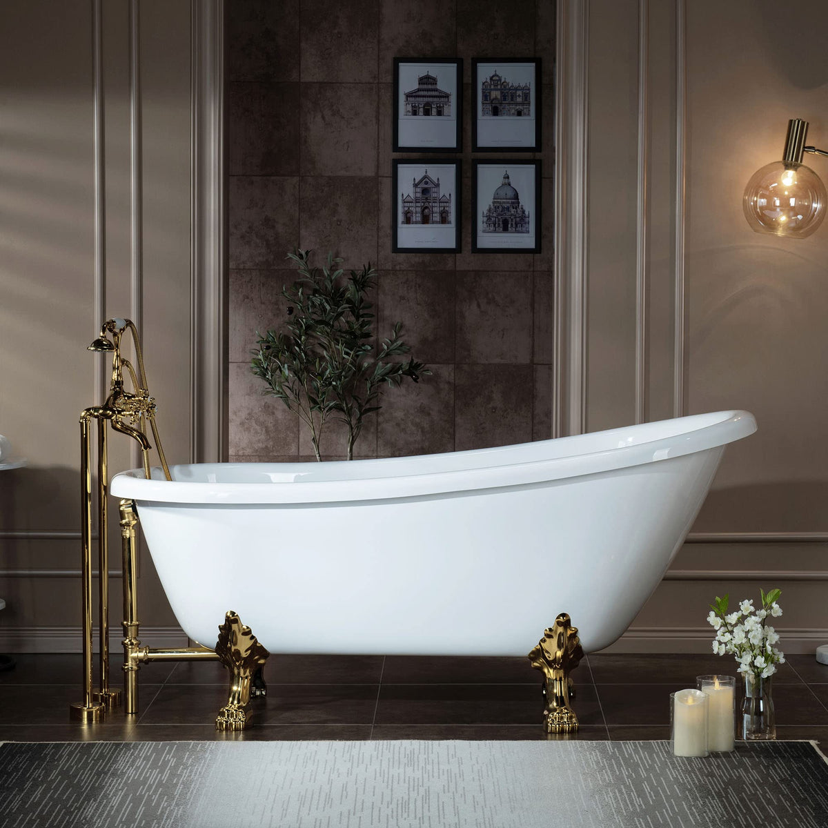 WOODBRIDGE 67" Heavy Duty Acrylic Slipper Clawfoot Bath Tub with Matte Black Feet + Matte Black Drain &Overflow