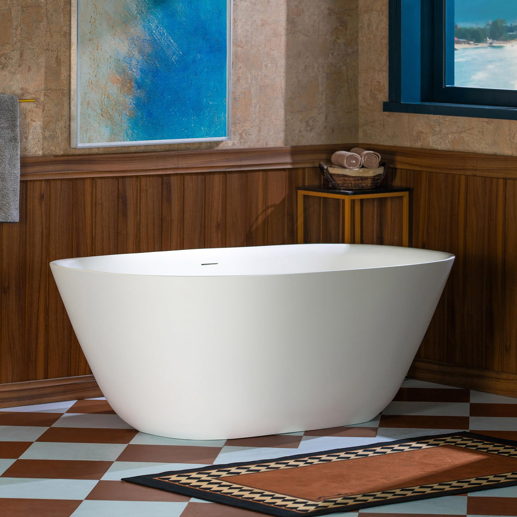 WOODBRIDGE 55 in. x 31.5 in. Stone Resin Luxury Contemporary Solid Surface Freestanding Bathtub in Matte White