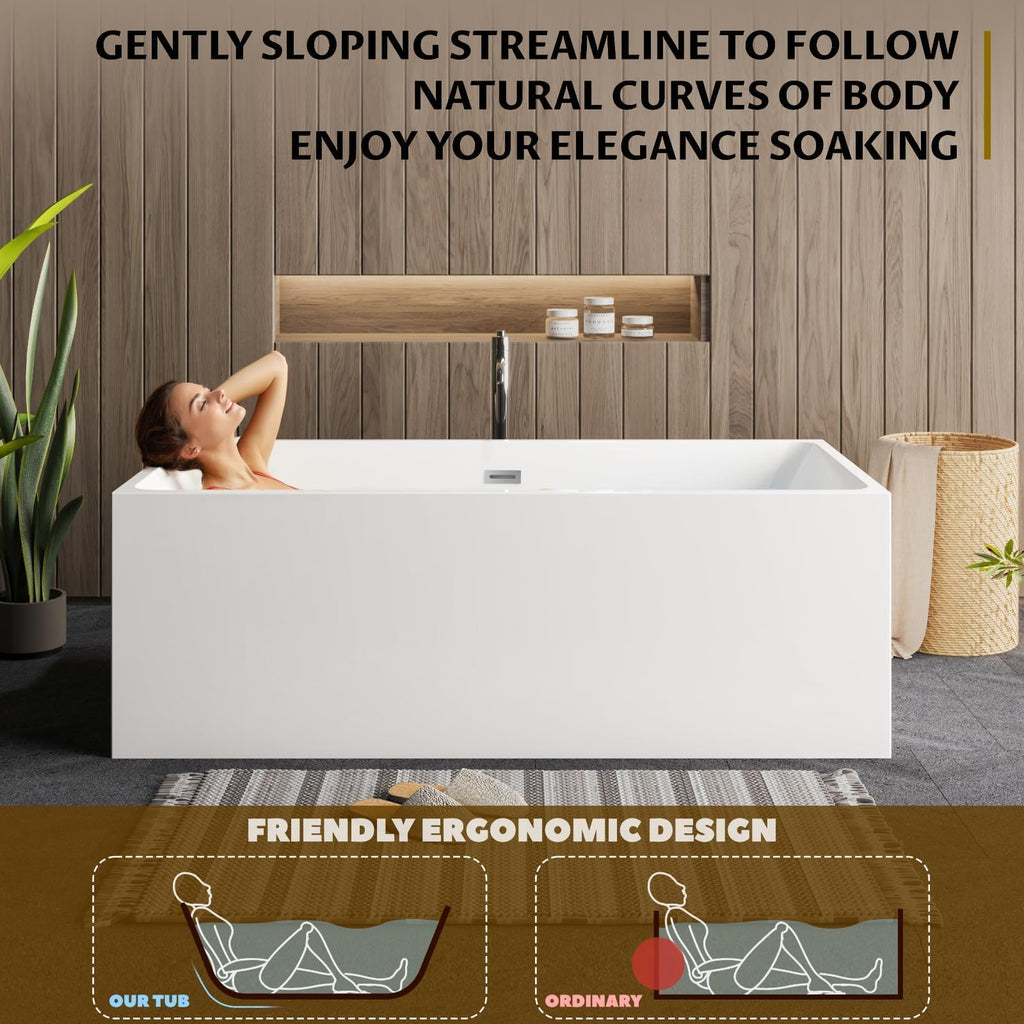 59" Acrylic Freestanding Soaking Bathtub, Deep Ergonomic Design with Lumbar Support, Integrated Overflow Drain, Non-Slip Base,cUPC Certified Modern Bathroom Tub, Easy Installation for Bathroom
