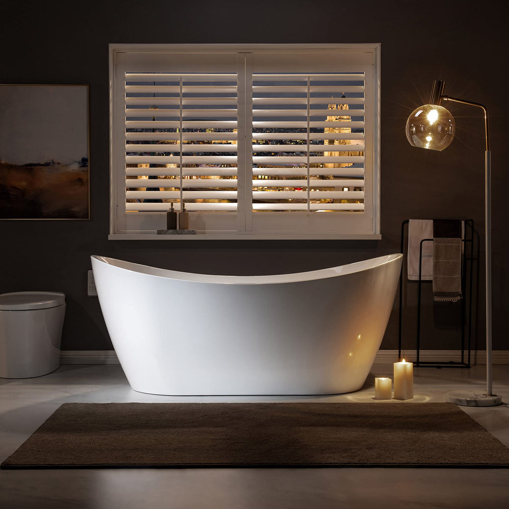 WOODBRIDGE 67" Acrylic Freestanding Bathtub Contemporary Soaking White Tub with Matte Black Overflow and Drain,B0010-MB-Drain &O