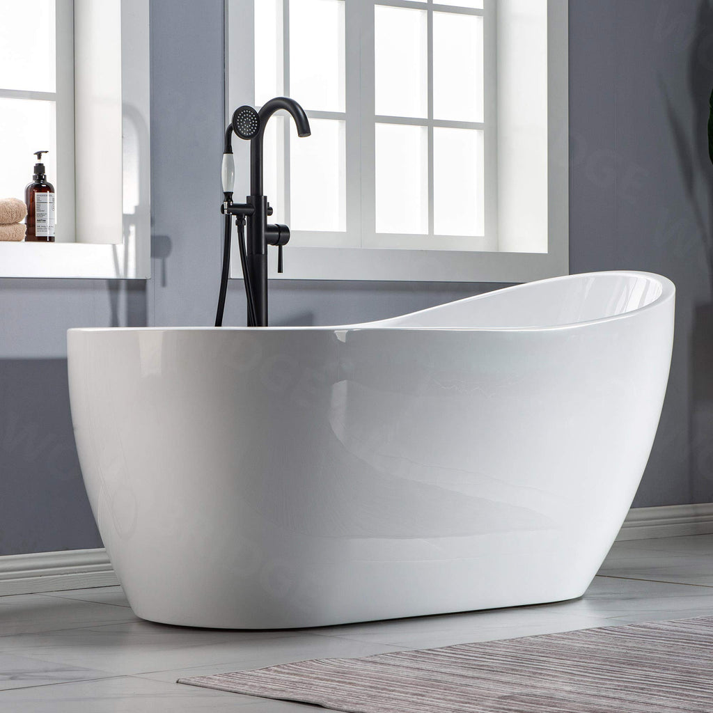 WOODBRIDGE 59" Acrylic Freestanding Bathtub Contemporary Soaking White Tub with Brushed Nickel Overflow and Drainï¼B-1530 -B/N-Drain &O