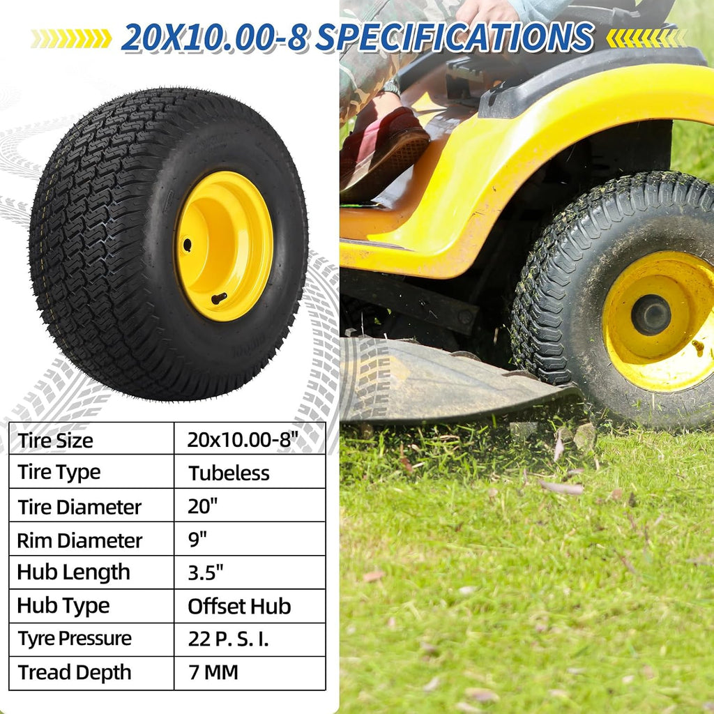 GICOOL 20x10.00-8 Lawn Mower Tire and Wheel, 3/4" Borehole, and 3/16" Keyway, 3.5" Offset Hub, 4 Ply Tubeless Tire, Replacement 20x10-8nhs Riding Lawn Mower and Tractor Rear Tire and Wheel Assemblies