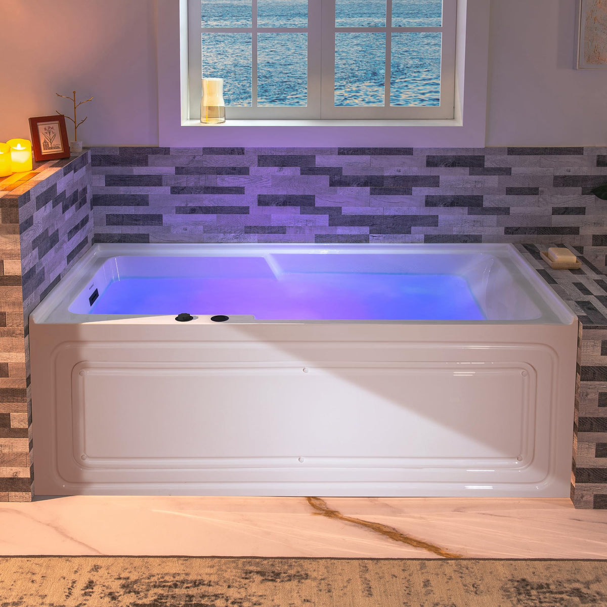 WOODBRIDGE 60" Alcove Acrylic Rectangular Whirlpool Heated Jetted Tub in White with Left Drain, Chrome pop-up Drain Included BS6030L
