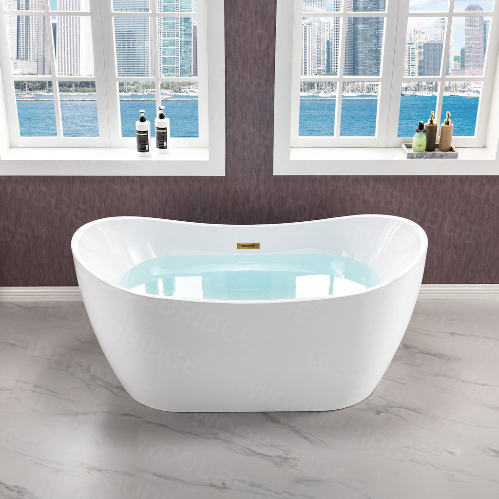 WOODBRIDGE 71" Acrylic Freestanding Bathtub Contemporary Soaking White Tub with Brushed Gold Overflow and Drain,B0017-BG
