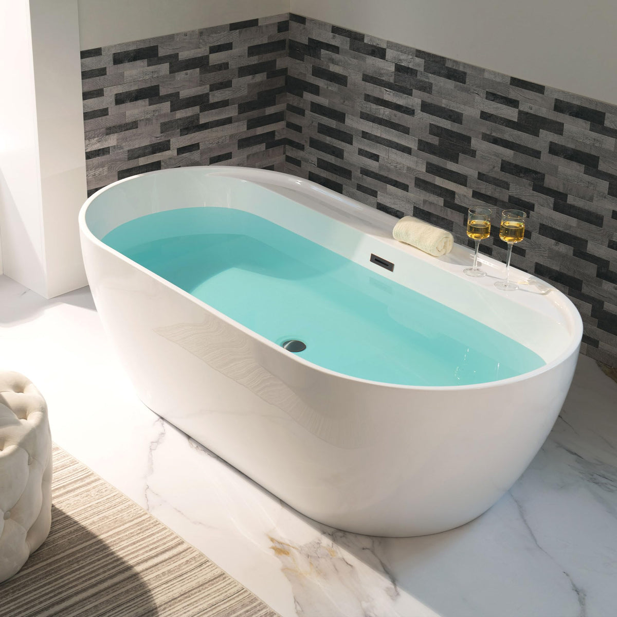 WOODBRIDGE 72" Acrylic Freestanding Bathtub Contemporary Soaking White Tub with Brushed Nickel Overflow and Drain,B0059BN