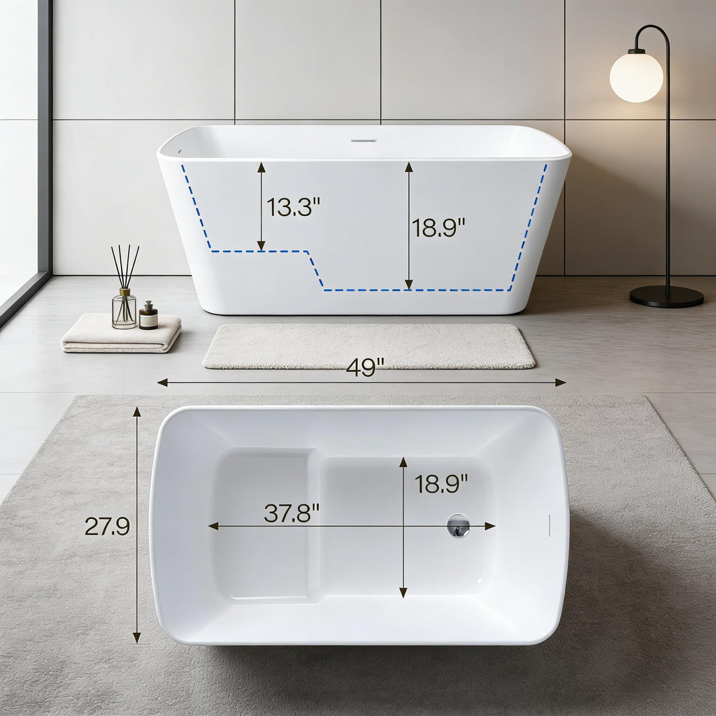 67'' Acrylic Freestanding Bathtub, Extra-Deep Soaking Free Standing Tub for Luxurious Bathing Experience, with Chrome Drain, for Main Bathroom, Black & White