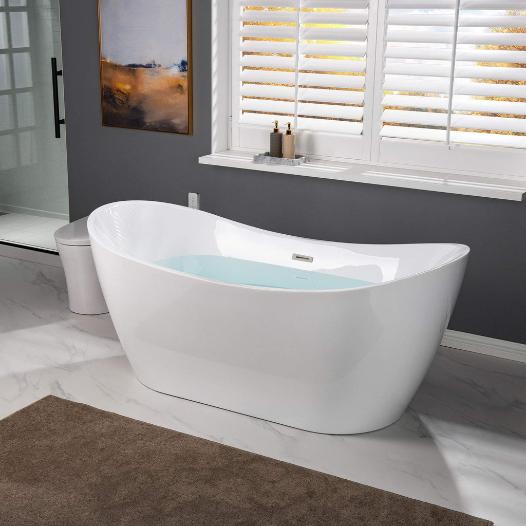 WOODBRIDGE 71" Acrylic Freestanding Bathtub Contemporary Soaking White Tub with Brushed Gold Overflow and Drain,B0017-BG